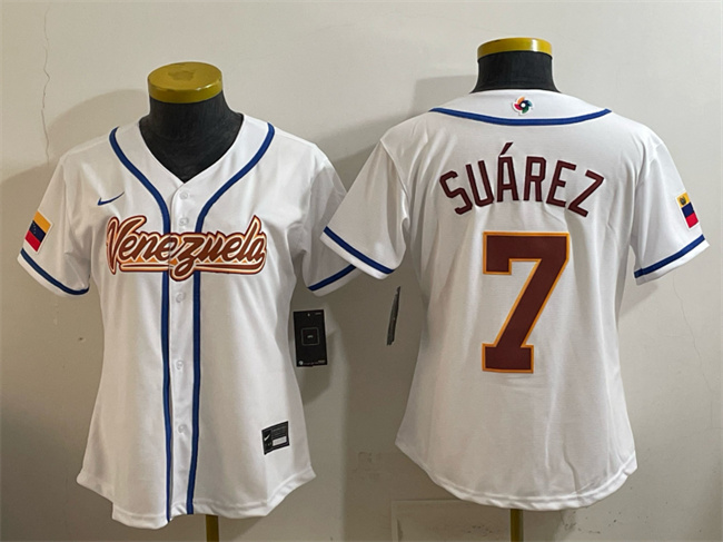 Youth Venezuela Baseball #7 Eugenio Suárez White 2026 World Baseball Classic Home Stadium Stitched Baseball Jersey